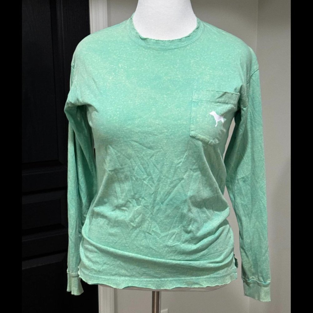 Victorias Secret PINK bleach VTG wash green long sleeve dog tee XS Oversized